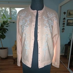 Vintage 1950s Pin-up style Beaded sweater cardigan- peachy pink color